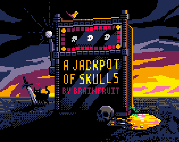 A Jackpot of Skulls hero image. A slot machine displaying three skulls stands alone on a blasted landscape.